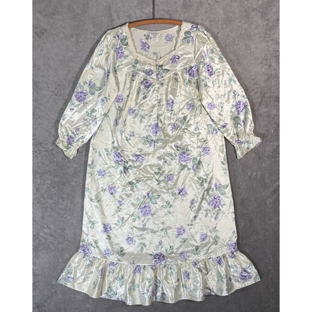Amanda Stewart Intimates Vintage Floral Satin Nightgown Purple Rose Maxi Medium